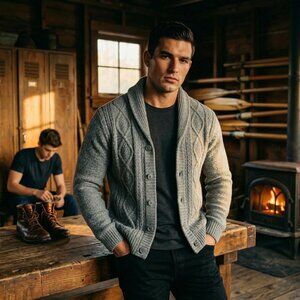 Haggar Men Size Large Cardigan Grey Cotton Cable Knit Shawl Collar Timeless